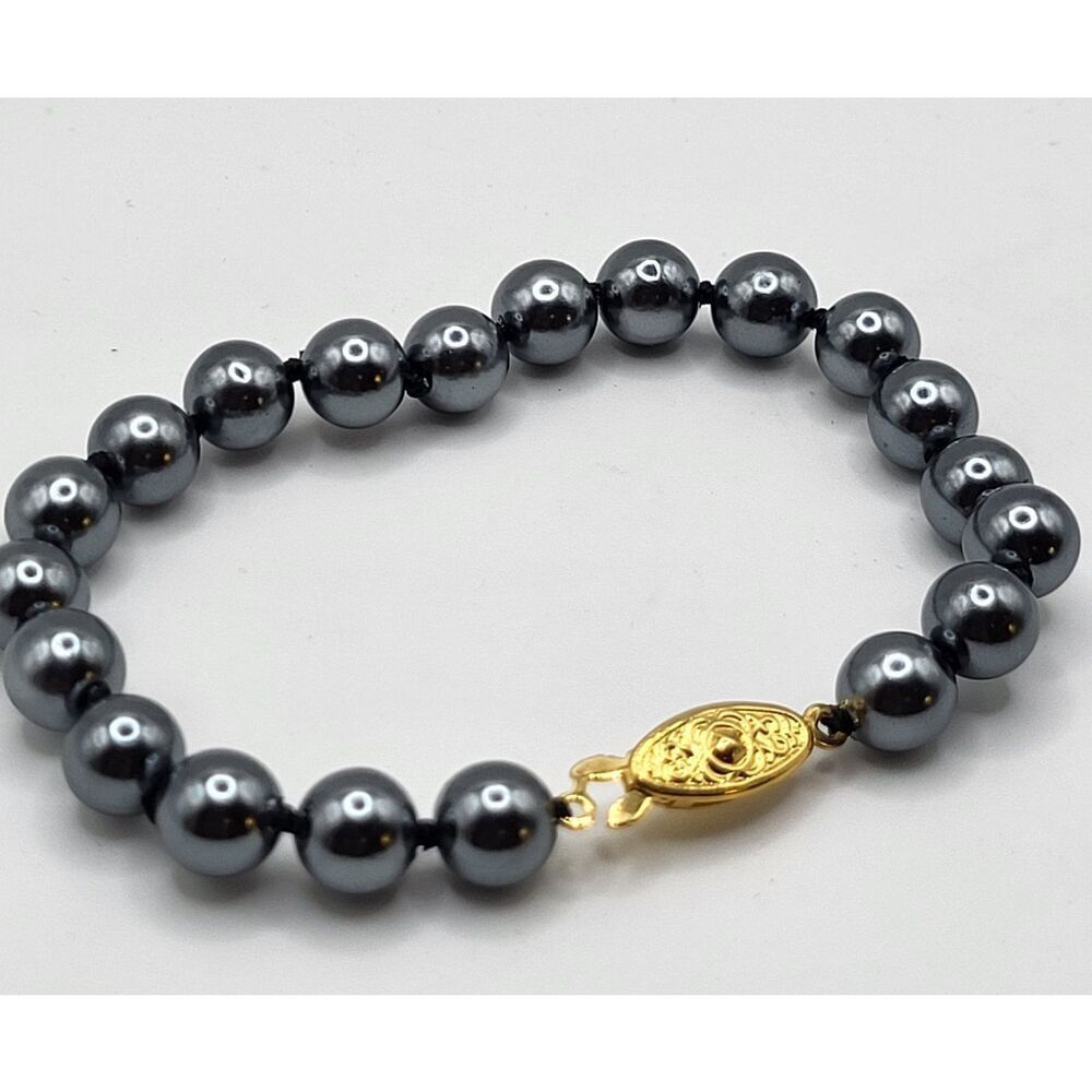 Dark Silver Simualted Pearl Beaded Bracelet 7in